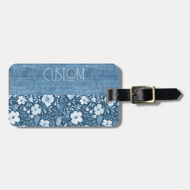 Custom Eleganto Botanical Blue Imitats Denim Look Gepäckanhänger (Vorderseite horizontal)