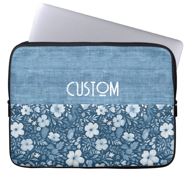 Custom Eleganto Botanical Blue Imitats Denim Look Laptopschutzhülle (Vorderseite)