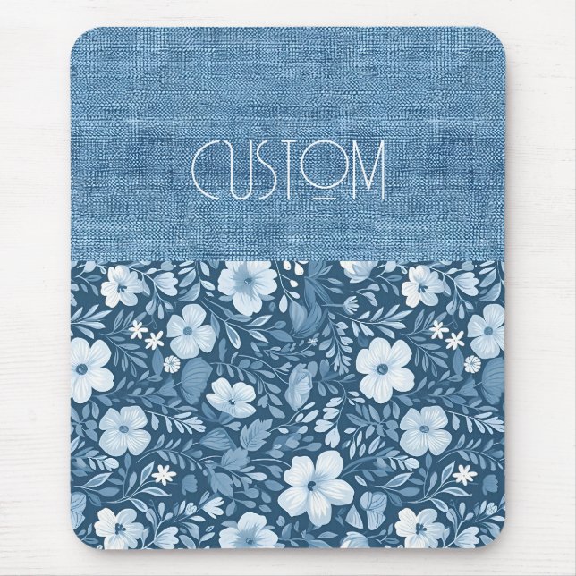 Custom Eleganto Botanical Blue Imitats Denim Look Mousepad (Vorne)