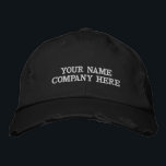 Custom Embroidered Text Baseball Cap Design Perso Bestickte Baseballkappe<br><div class="desc">Create a one-of-a-kind cap with this Custom Text & Logo Embroidered Hat, designed for both business promotion and personal style. Easily personalize your hat by choosing your font, thread color, hat color, and size, then add your name, company logo, slogan, website, phone number, social media handle, or custom text. This...</div>