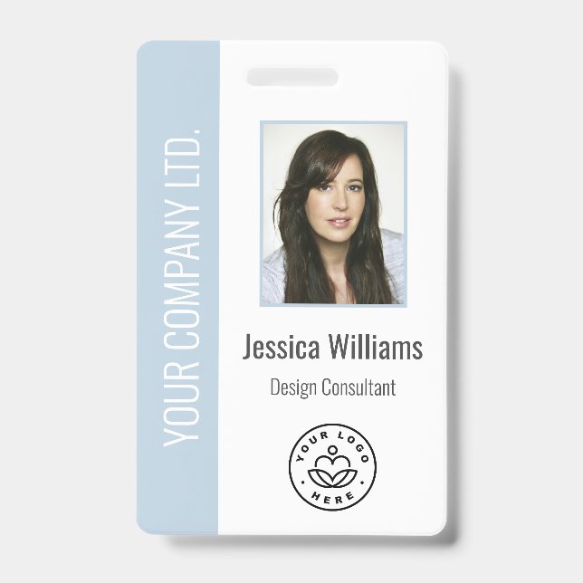 Custom Employee Photo Barcode Logo Name Dusty Blue Ausweis (Vorderseite)