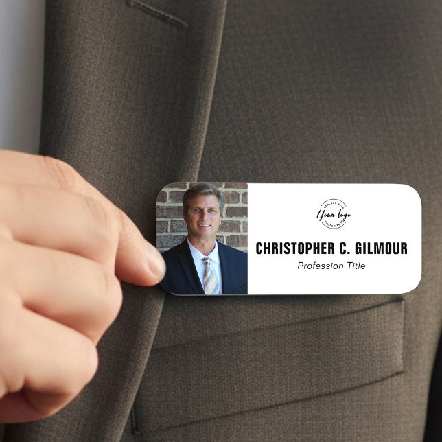 Custom Employee photo Business logo magnetic  Namensschild (Professional Business magnetic name tag with employee photo, job title and logo)