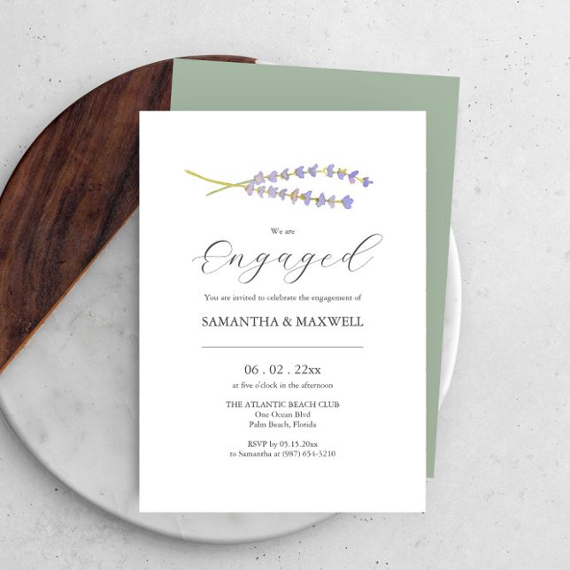 Custom Engagement Invitations Watercolor Lavender Einladung (Engagement invitations watercolor lavender art Victoria Grigaliunas minimalist design DoTellABelle)