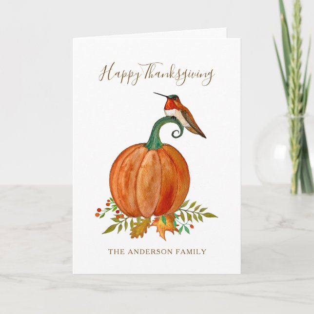 Custom Erntedank Hummingbird und Pumpkin Karte (Vorderseite)