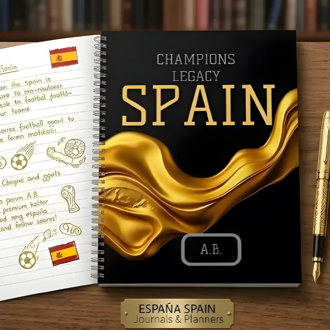 Custom España Workspace QR Code | Champions Legacy Notizbuch (Elite black & gold liquid wave Spain finalist notebook. Fully customizable on Achempong Zazzle. 🏆✨)