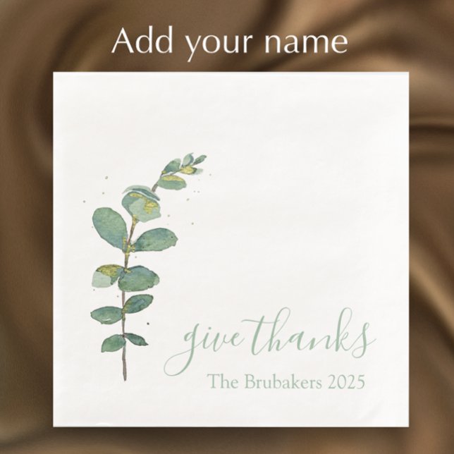 Custom Eukalyptus Modern Danke Erntedank Serviette (Personalize this original watercolor greenery Thanksgiving dinner napkin. Give thanks script.)