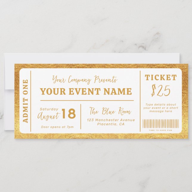 Custom Event Ticket Concept Fake Ticket White Gold Einladung (Vorderseite)