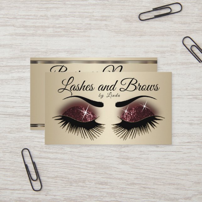 Custom-Eyelashes & Brows - Burgund Wein Glitzer Visitenkarte (Vorderseite/Rückseite Beispiel)