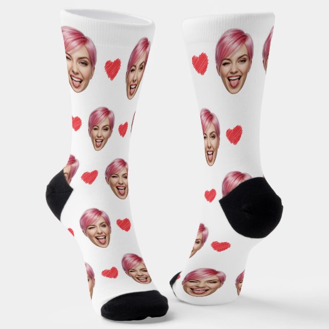 Custom Face Foto with Red Hearts - Funny Gift Socken (Gewinkelt)