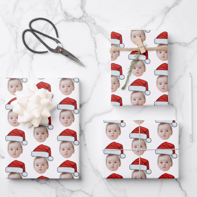 Custom Face Head Photo Santa Hat Christmas White Geschenkpapier Set (Vorderseite)