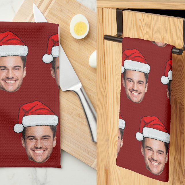 Custom Face Photo Santa Hat Christmas Red Geschirrtuch (Von Creator hochgeladen)