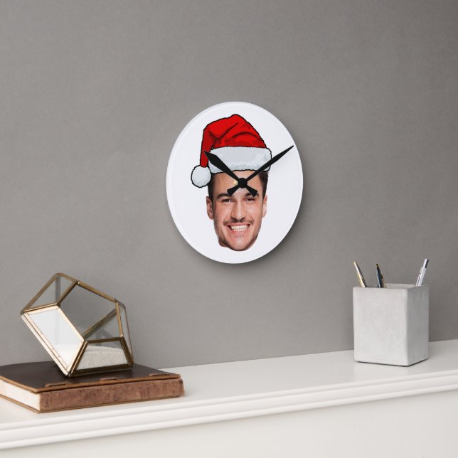 Custom Face Photo Santa Hat Christmas Runde Wanduhr (Büro)