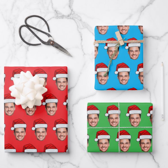 Custom Face Photo Santa Hat Gift Wrap, Christmas Geschenkpapier Set (Vorderseite)