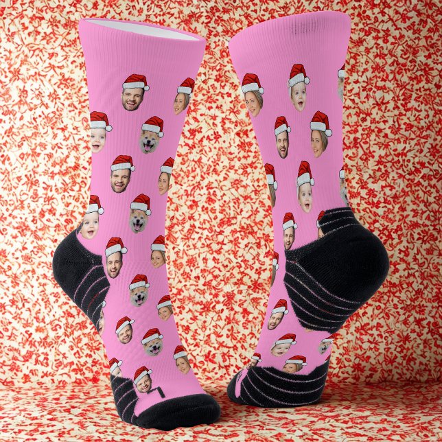 Custom Face Pink Socks, Santa Hat 4 Faces Pink  Socken (Von Creator hochgeladen)