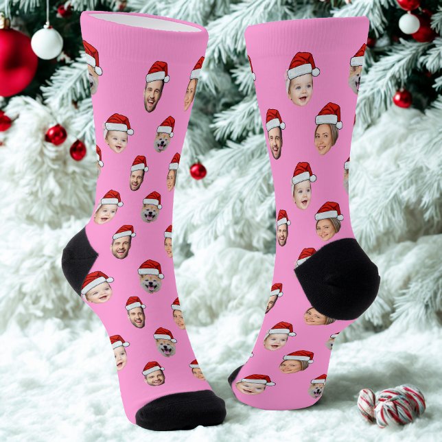 Custom Face Santa Hat Pink Socks, 4 Photos Pink Socken (Von Creator hochgeladen)