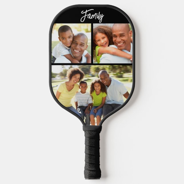 Custom Family 3 Foto Collage Trendy Black Pickleball Schläger (Vorderseite)