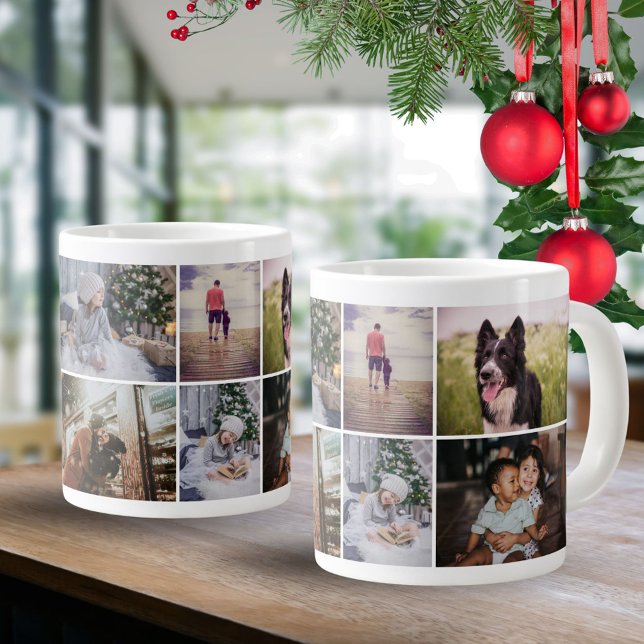 Custom Family 8 Foto Collage Holiday Keepake Jumbo-Tasse (Von Creator hochgeladen)