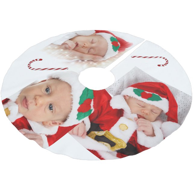 Custom Family Baby Fotos Candy Canes Weihnachten Polyester Weihnachtsbaumdecke (Schrägansicht)