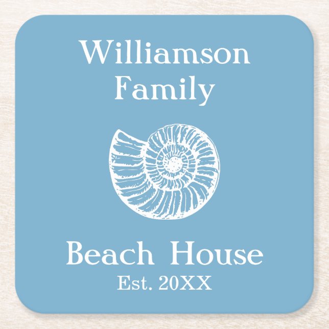 Custom Family Beach House Muscheln Blue Rechteckiger Pappuntersetzer (Vorderseite)