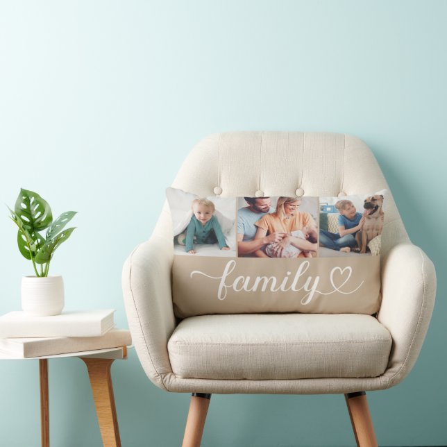 Custom Family Beige Heart Script 3 Foto Collage Lendenkissen (Stuhl )