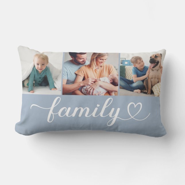 Custom Family Blue Heart Script 3 Foto Collage Lendenkissen (Vorderseite)