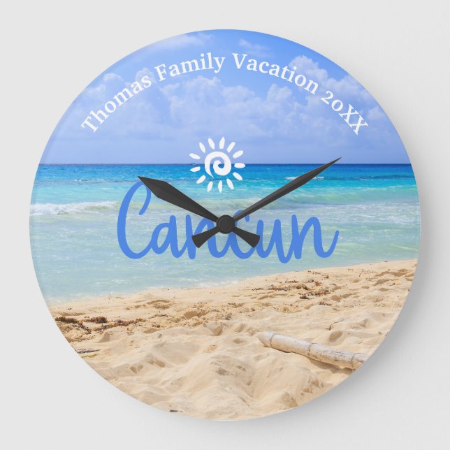 Custom Family Cancun Beach Urlaub Große Wanduhr (Vorderseite)