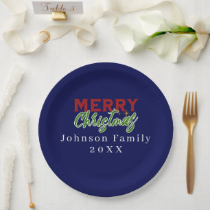 Custom Family Christmas Blue Paper Plate Pappteller