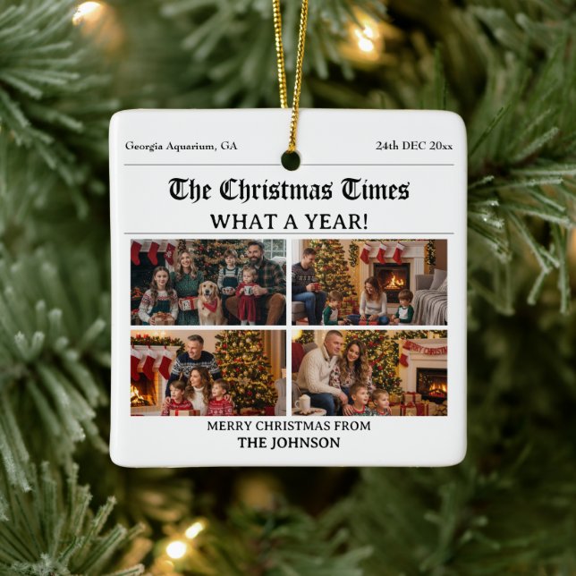 Custom Family Christmas Newspaper Foto Collage Keramikornament (Baum)