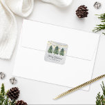 Custom Family Christmas Tree Farm Holiday Quadratischer Aufkleber<br><div class="desc">Custom Christmas Tree Farm envelope seal sticker in green, charcoal gray, and white colors. Features a modern rustic design with 3 fresh-cut green watercolor Christmas trees with bright sting lights and a gray winter snow background. Personalize with with your choice of "Merry Christmas" or other greeting and your family name....</div>