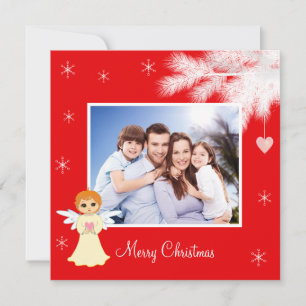 Custom Family Foto & Angel on Red Christmas