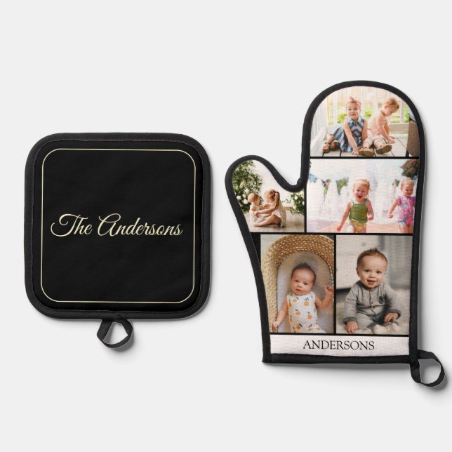 Custom Family Foto Collage Black Ofenhandschuh & Topflappen-Set (Vorderseite)