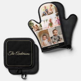 Custom Family Foto Collage Black Ofenhandschuh & Topflappen-Set