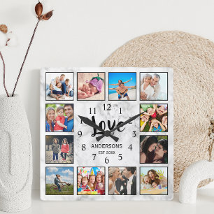 Custom Family Foto Collage Liebe Eleganter Marmor Quadratische Wanduhr