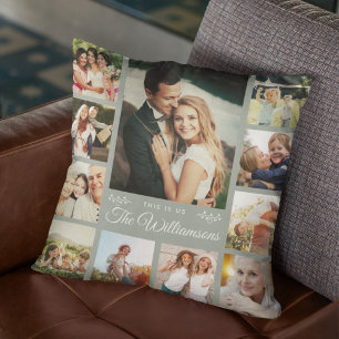 Custom Family Foto Collage Modern Dusty Green Kissen