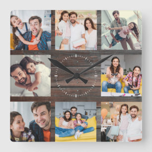 Custom Family Foto Collage Modernes Dunkles Holz Quadratische Wanduhr