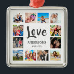 Custom Family Foto Collage Personalized White Ornament Aus Metall<br><div class="desc">Erstellen Sie Ihre eigene personalisierte 12-Foto-Collage,  Weihnachtsfeiertagsschmuck mit Ihren individuellen Bildern auf einem einfachen,  modernen,  weißen Hintergrund. Die Weihnachtsschmuckfigur enthält auch Ihren Familiennamen,  das etablierte Jahr und eine handgeschriebene "Liebe". Fügen Sie Ihre Lieblings-Fotos,  Designs oder Kunstwerke,  um etwas wirklich Einzigartiges zu schaffen.</div>