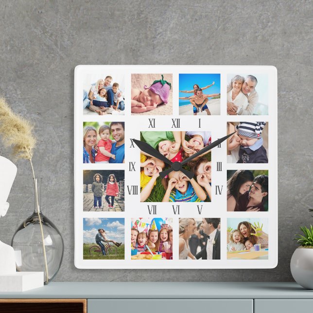 Custom Family Foto Collage Personalized White Quadratische Wanduhr (Von Creator hochgeladen)