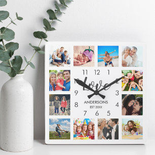Custom Family Foto Collage Personalized White Quadratische Wanduhr