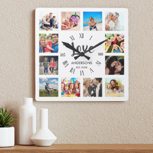 Custom Family Foto Collage Personalized White Quadratische Wanduhr