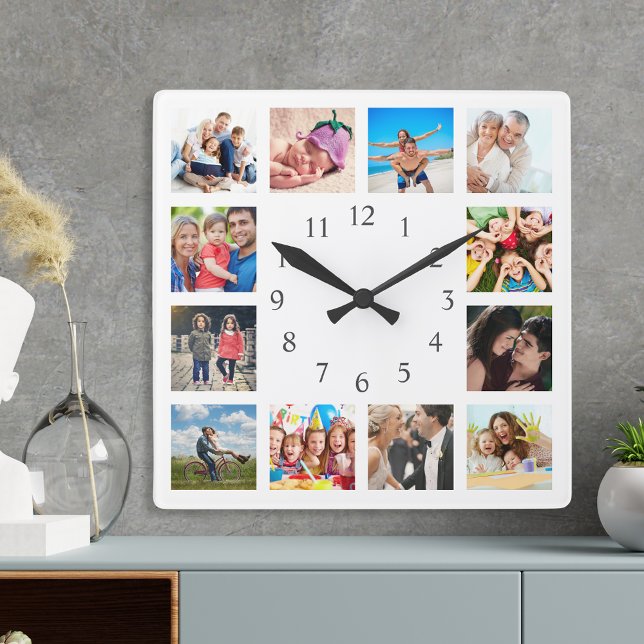 Custom Family Foto Collage Personalized White Quadratische Wanduhr (Von Creator hochgeladen)