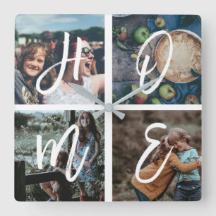 Custom Family Foto Collage Pinselschrift ZUHAUSE Quadratische Wanduhr