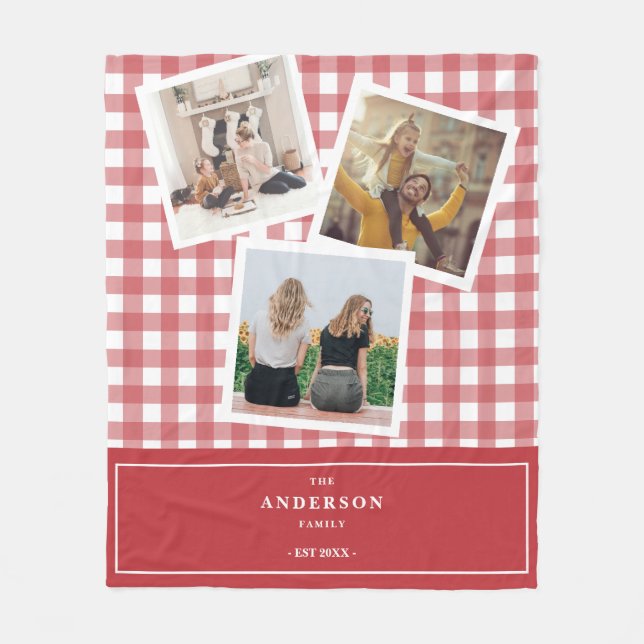 Custom Family Foto Collage Red Gingham Fleecedecke (Vorderseite)