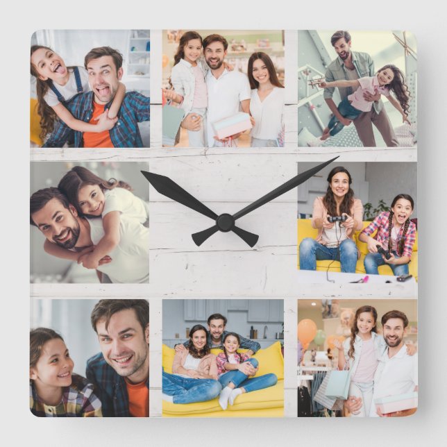 Custom Family Foto Collage Rustikales modernes Hol Quadratische Wanduhr (Vorderseite)