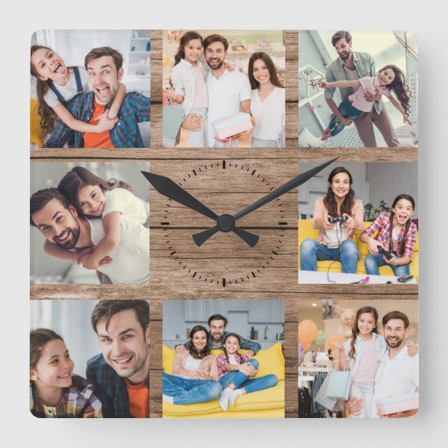 Custom Family Foto Collage Rustikales modernes Hol Quadratische Wanduhr (Vorderseite)