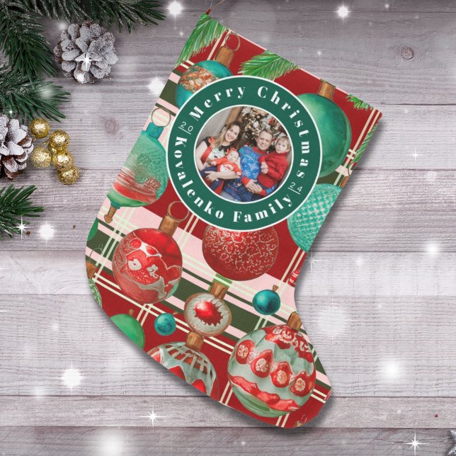 Custom Family Foto Red Green Kariert Holiday Großer Weihnachtsstrumpf (Von Creator hochgeladen)