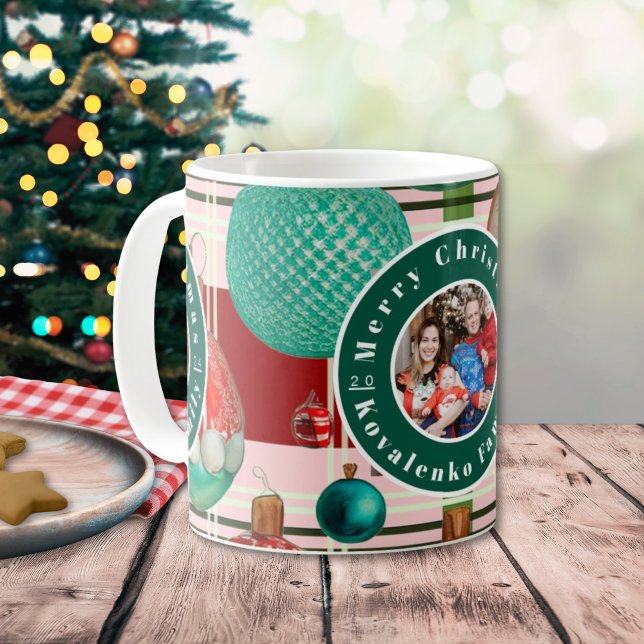 Custom Family Foto Red Green Kariert Holiday Kaffeetasse (Von Creator hochgeladen)
