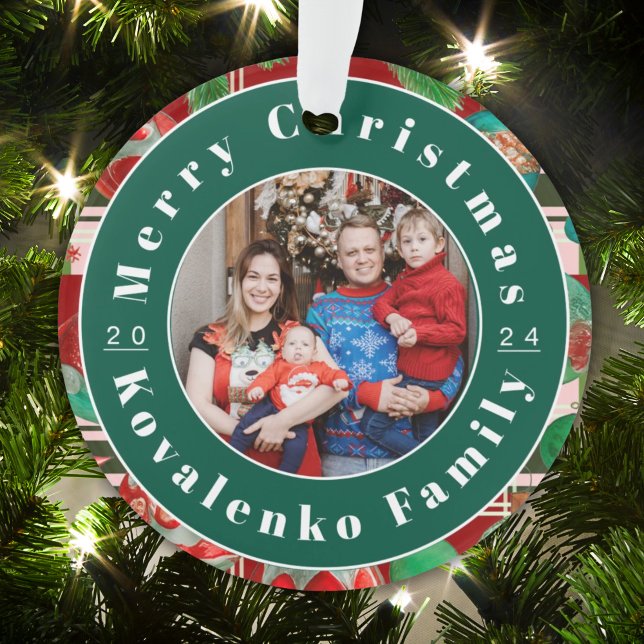 Custom Family Foto Red Green Kariert Holiday Ornament (Von Creator hochgeladen)