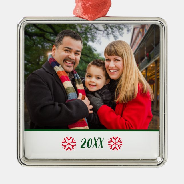 Custom Family Foto Red Snowflakes Weihnachten Ornament Aus Metall (Vorne)
