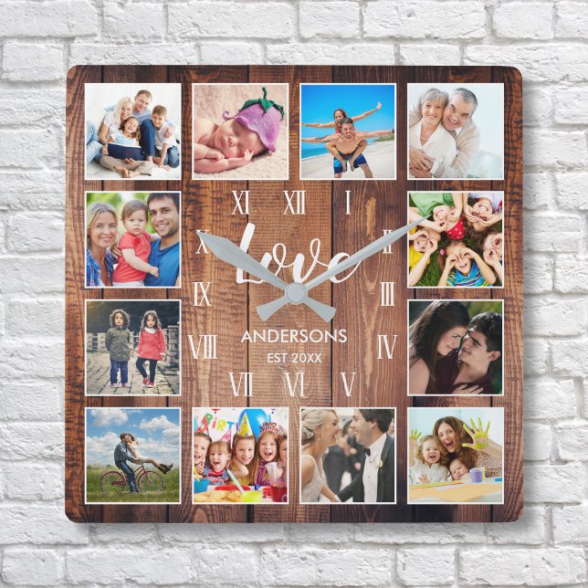 Custom Family Foto Rustic Farmhouse Liebe Script Quadratische Wanduhr (Von Creator hochgeladen)
