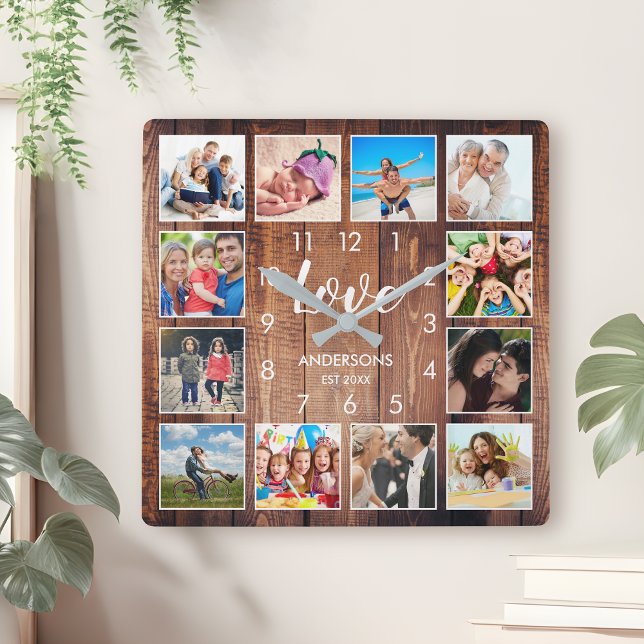 Custom Family Foto Rustic Farmhouse Liebe Script Quadratische Wanduhr (Von Creator hochgeladen)